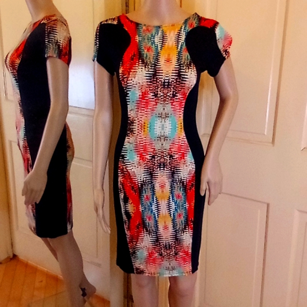 Mad Rag Midi Abstract Dress SZ S Rayon/Spandex  (Lady's First)